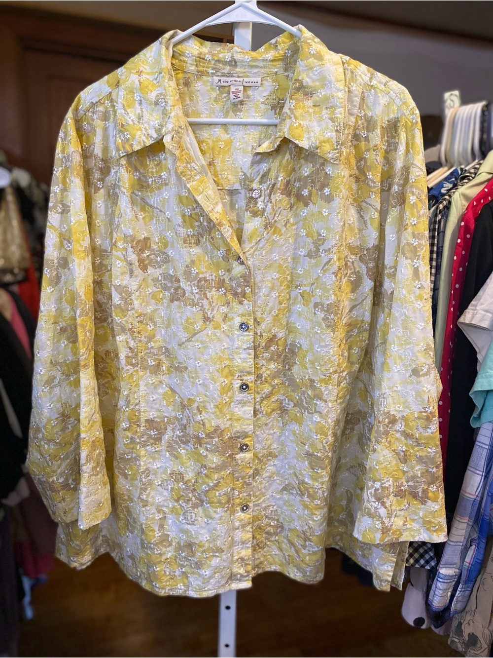 JM Collection Yellow Floral Print Button-Down Shirt with eyelet lace